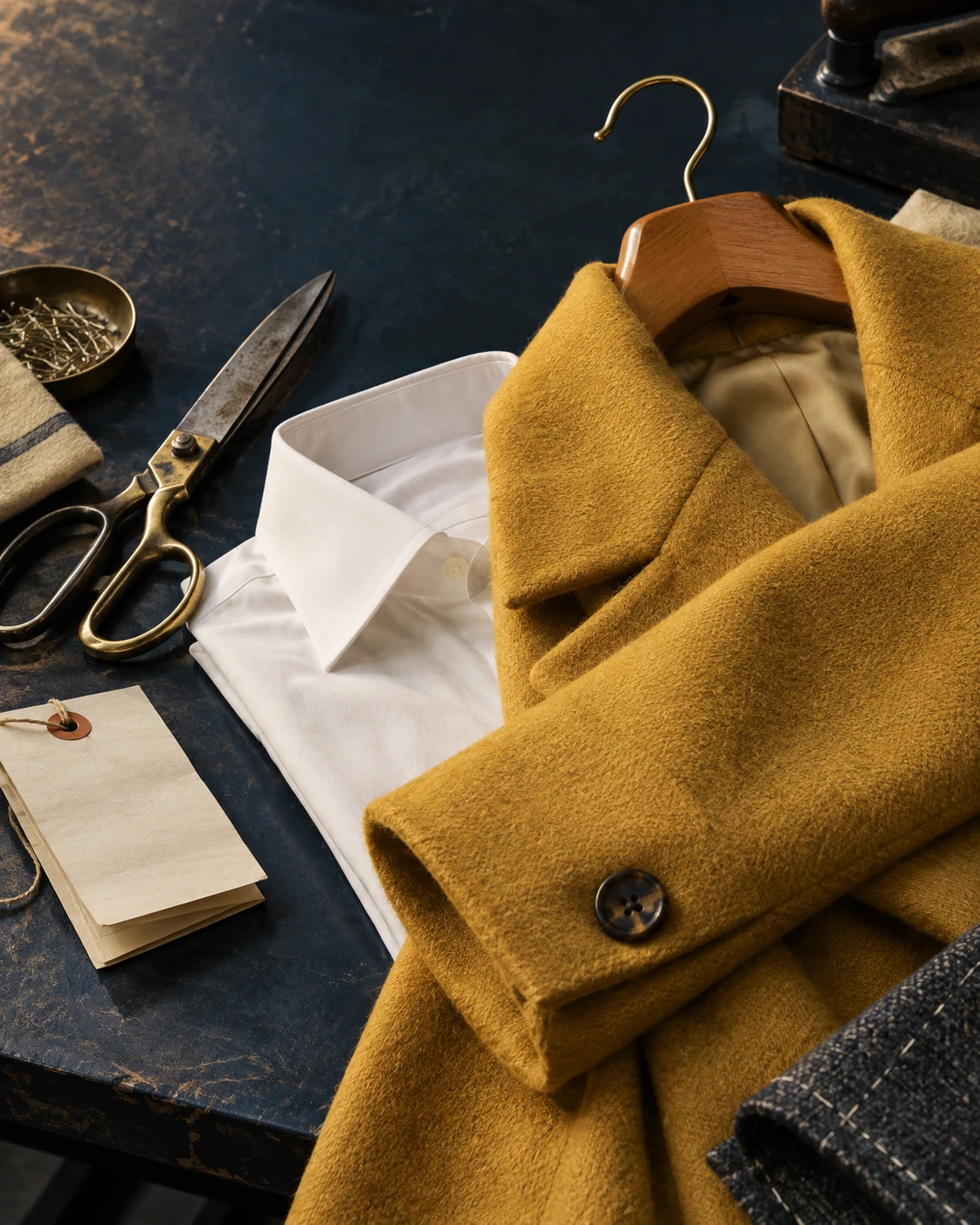 Illustrative garment-care workbench — original artwork, not the exact Jimmy's Cleaners counter.